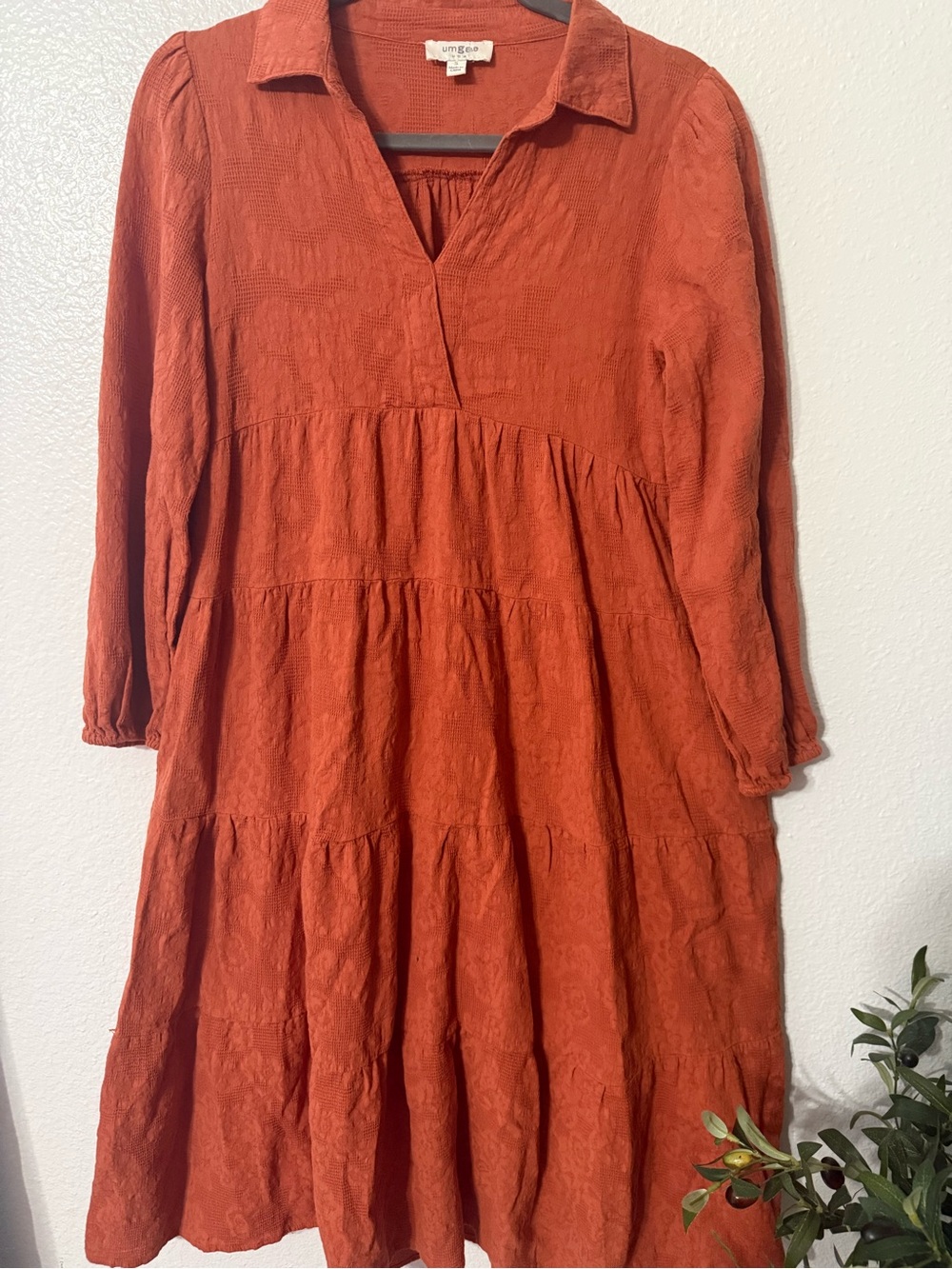 Umgee Burnt Orange Collared Tiered Midi Dress